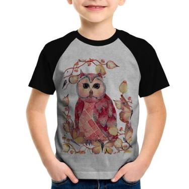 Imagem de Camiseta Raglan Infantil Coruja e Folhas - Foca na Moda, Cinza, Preto,