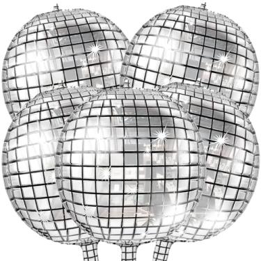 Imagem de 5 balões 4D de 55 cm, balão grande prateado com lâmina a laser metálica para discoteca, dança, festa, aniversário, cerimônia de casamento