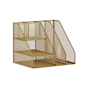 Imagem de Martha Stewart Organizador de mesa grande de metal de malha dourada Ryder com suporte de arquivo de revista, suporte para caneta e armazenamento