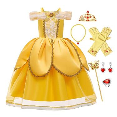 Imagem de FMYFWY Vestido chique de princesa Bela e Fera para meninas, Halloween, Natal, casamento, aniversário com acessórios, amarelo 001, 7-8T