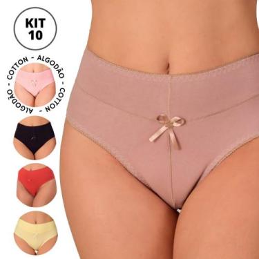 Imagem de Kit 10 Calcinhas Adulto Senhora Algodão Cotton Cós Alto Duplo Conforto