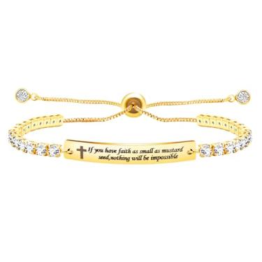 Imagem de Uloveido Pulseira Fashion Faith Over Dear - Pulseira de tênis ajustável com fecho bolo, para meninas e mulheres, hipoalergênica, banhada a ouro branco, zircônia cúbica, presente Y4390, Adjustable