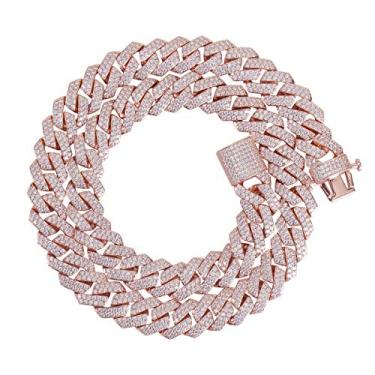 Imagem de PY Bling Gargantilha masculina Hip Hop Full Iced Out 15 mm ouro 18K banhado a ouro rosa branco CZ Miami Cuban Link Gargantilha 45,7-61 cm e pulseira de 21,6 cm, Metal, Zircônia cúbica, diamante
