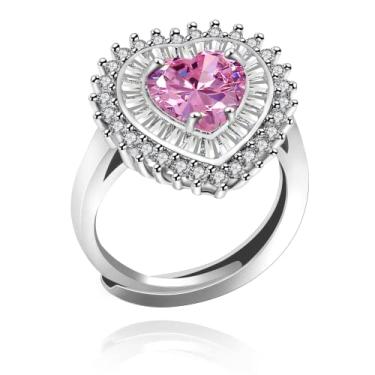 Imagem de Uloveido Anel de noivado feminino de cristal em forma de coração de amor tamanho ajustável solitário zircônia cúbica banhado a platina, Cristal, Zircônia cúbica