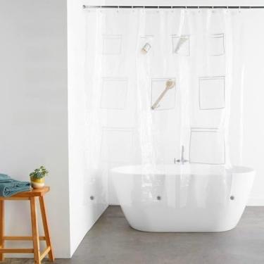 Imagem de Cortina de chuveiro transparente - Cortina de chuveiro branca com 9 bolsos - Kit de banheiro PEVA translúcido de alta qualidade com 3 ímãs com peso inferior(9-pocket)