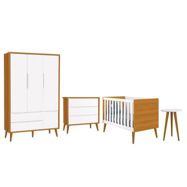 Imagem de Dormitório Infantil Theo Retrô 3 Portas, Cômoda, Berço e Mesa de Apoio com Pés Amadeirado - Reller Móveis Branco/Savana