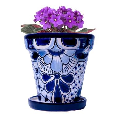 Imagem de COBAZUL Vasos de cerâmica mexicanos - Talavera - Cerâmica mexicana - Vasos de cerâmica para plantas internas e externas com orifício de drenagem e pires - 15 cm L x 14 cm A (branco e azul-médio)