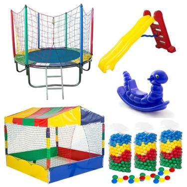 Imagem de Cama Elástica Pula Pula 1,83m Nacional + Piscina de Bolinhas 1,50m + 1500 Bolinhas + Escorregador Playground Grande + Gangorra 1 Lugar