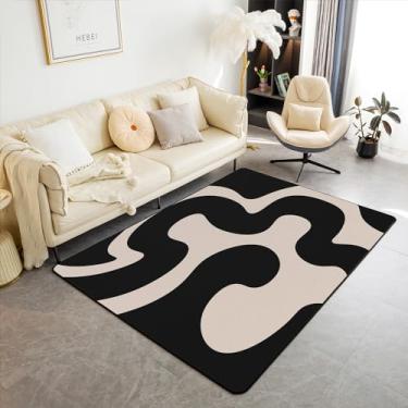 Imagem de Tapete de área preto e bege 12 x 17 cm geométrico geométrico moderno conjunto de tapetes decorativos para crianças adolescentes adultos arte neutra tapetes de sala de estar arte abstarct tapete interior decoração de quarto