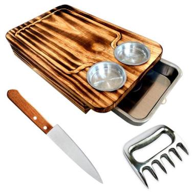 Imagem de Kit Churrasco Tábua Madeira Desenhada 2 Pote Faca Garra Urso - JKVERAS