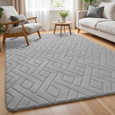 Imagem de Macgace Tapete cinza ultramacio para sala de estar, tapetes geométricos modernos 12 x 18 cm com suporte antiderrapante para quarto, tapete felpudo lavável para quarto de crianças aconchegante