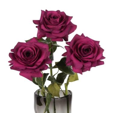 Imagem de ICBOX 3 peças, rosas fúcsia, flores artificiais, 12 cm, rosa de toque real, flores grandes, 65 cm, haste longa, rosa de seda, flor artificial para casamento, buquê de noiva, decoração de jardim
