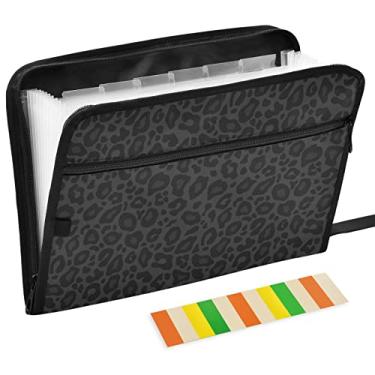 Imagem de Pasta expansível de leopardo preto com etiquetas adesivas, 13 bolsos, pasta de arquivo sanfonada, organizador de documentos com fecho de zíper, letra A4, pasta de documentos em papel para escritório