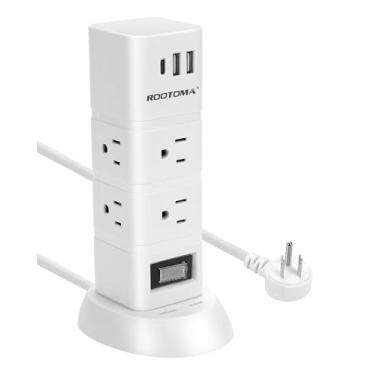 Imagem de ROOTOMA Torre De Extensão Energia, Protetor Contra Surtos Com 6 Tomadas, 3 Portas Usb (1 Usb-C), Cabo 1,8 M Várias Estação Carregamento Mesa Para Sala, Escritório, Banheiro, 1875 W/15 A 1080 J