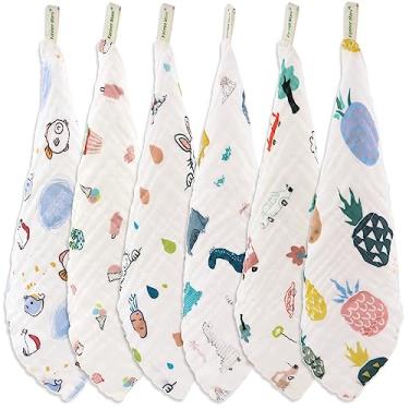 Imagem de Farmer Mani Conjunto De Toalhas Rosto Musselina Para Bebês (Pacote Com 6), Toalha Infantil Algodão Natural 6 Camadas, Ideal Pele Sensível E Bebês, Lenços Umedecidos Reutilizáveis Multiuso 29 X Cm (Q