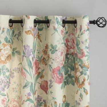 Imagem de Cortinas country francesas 153 cm de comprimento 2 painéis de linho texturizadas vintage rosas vitorianas flores padrão cortinas de quarto, cortinas de janela semitransparentes com ilhós, cortina