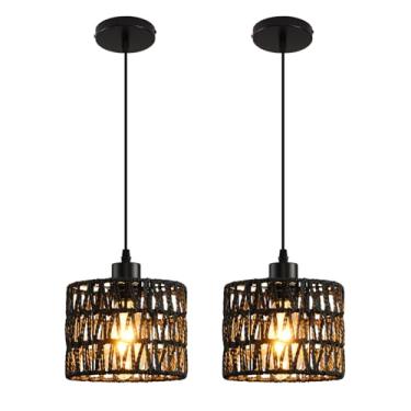 Imagem de KENMI Lustre Pendente Estilo Boho, Luminárias De Vime Para Ilha Cozinha, Iluminação Fazenda Com Cúpula Vime, Suspensas No Teto