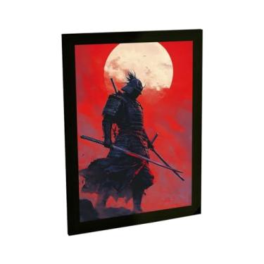 Imagem de Quadro Decorativo Samurai Negro Céu Vermelho Ilustração Japão Decoração Poster Quarto Sala