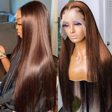 Imagem de Peruca frontal de renda AUOU Chocolate Brown 66cm 200% Density HD