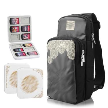 Imagem de GLDRAM para Zelda Bolsa de Transporte de Viagem para Nintendo Switch/Lite/Oled, Mochila Crossbody Portátil com Estojo para Cartão de Jogo de 12 Slots, Alça de Ombro Retrátil e 2 Protetores de Polegar