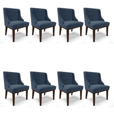 Imagem de Kit 08 Cadeiras De Jantar Suede Azul Marinho Base Madeira