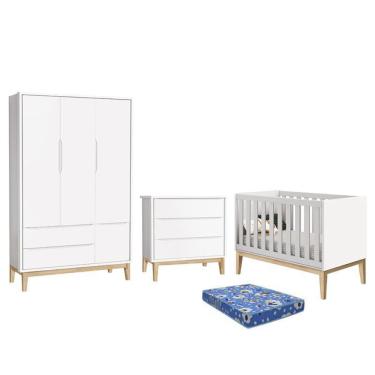 Imagem de Dormitório Infantil Classic 3 Portas, Cômoda 3 Gavetas, Berço com Pés Madeira Natural e Colchão - Reller Móveis Branco Fosco