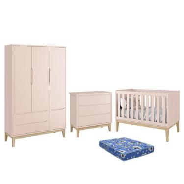 Imagem de Dormitório Infantil Classic 3 Portas, Cômoda 3 Gavetas, Berço com Pés Madeira Natural e Colchão - Reller Móveis Rosa Fosco