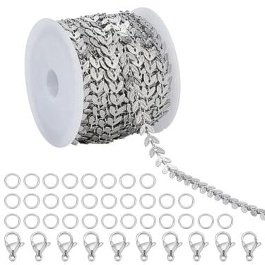 Imagem de PLIGREAT Corrente de joias em formato de folha de 16,4 metros de aço inoxidável para artesanato em massa com anéis de salto e fechos de lagosta para fazer joias femininas, suprimentos de artesanato
