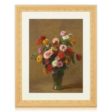 Imagem de Brivoria Arte de parede em tela emoldurada decoração floral vintage 40,6 x 50,8 cm Galeria Zinnia Still Life Print com tapete e moldura de carvalho falso para sala de estar sala de jantar parede