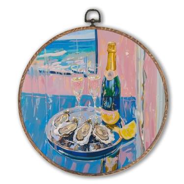 Imagem de Hxlac Arte de parede redonda de champanhe ostra emoldurada, decoração de parede redonda de cozinha retrô, estampa de vinho de frutos do mar costeiros, esculturas de parede para cozinha, sala de jantar