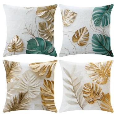Imagem de BVBOX Pacote de 4 capas de almofada quadradas - fronhas decorativas macias para sofá, sofá, pátio, quarto - padrão colorido moderno 45 x 45 cm (folhas, 18 x 18)