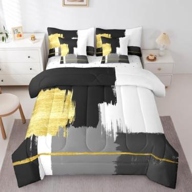 Imagem de Feelyou Conjunto de cama Queen de ouro preto e branco, geométrico, arte abstrata, conjunto de edredom com lençol para meninos e meninas, moderno, abstrato, em uma bolsa