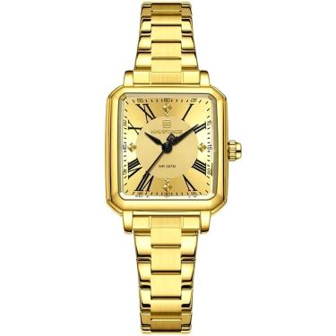 Imagem de Relógio Feminino Mostrador Quadrado Ponto De Luz Em Aço Inoxidavel Impermeavel Dourado