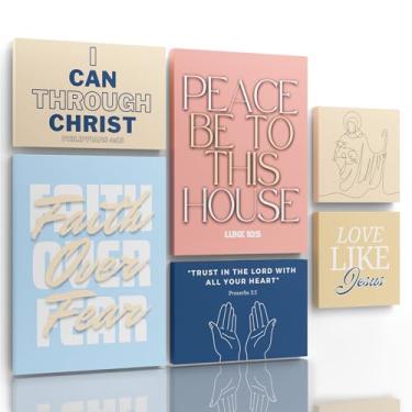 Imagem de Dandy Decor Arte de parede cristã Colagem de 6 peças | Decoração de parede Jesus e Escritura | Decoração de parede cristã | Oração da serenidade | Tela de parede com versículo da Bíblia | Estética