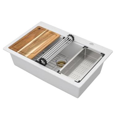 Imagem de Talllor Pia de cozinha composta de granito - Pia de cozinha de granito de 83 cm Drop In Topmount Workstation de quartzo branco Classic Single Bowl Sink Basin #TLGT-113