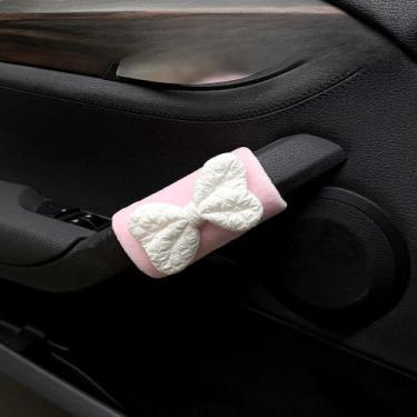Imagem de MINGZAIQIPEI 2 peças capa de alça de garra de carro de gravata borboleta fofa, luvas macias de pelúcia para carro capa de puxador de porta interna, protetor de alça acessórios interiores automotivos