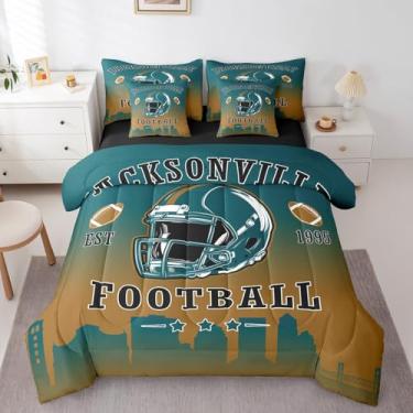 Imagem de Erosebridal Jogo de cama solteiro com lençol de futebol americano, cidade, verde, marrom, 7 peças, para crianças, meninos, adolescentes, jogos esportivos de rúgbi, conjunto de cama com silhueta de