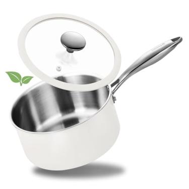 Imagem de SAKAMOSH Panela de aço inoxidável de 3 litros com tampa de vidro, panela de indução compatível com todos os cooktops, panela de molho não tóxica com alça para ficar fresca, pode ir ao forno e à