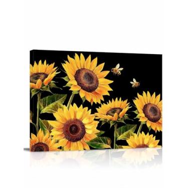 Imagem de Arte de parede impressa em tela, impressão de pintura a óleo de abelha de girassol amarelo aquarela imagem emoldurada, planta pastoral em arte pintada de preto para decoração de casa, quarto, sala de