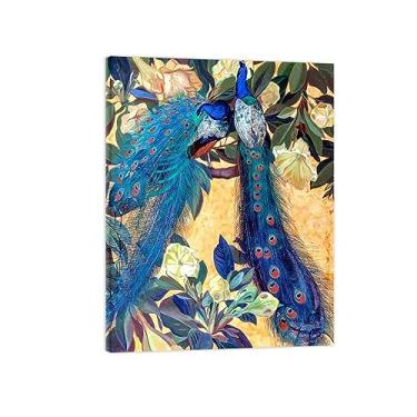 Imagem de Arte de parede de pinturas famosas - pavões azuis - impressão de imagem de animal em tela - pintura de arte para decoração de parede de sala de estar - pôster de reproduções 40 x 50 cm 40 x 50 cm tela
