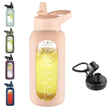 Imagem de EALGRO Garrafa de água de vidro de 946 ml com canudo e alça, frasco de água motivacional esportivo com manga de silicone, copo grande à prova de vazamento com marcador de tempo para viagem, academia