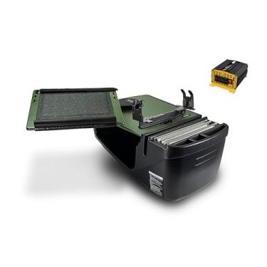 Imagem de AutoExec AE-RDFS-PI-PS-AG Reach Car Desk para sua estação de trabalho de veículos e escritório móvel, banco dianteiro verde exército com inversor de potência de 400 watts e suporte de impressora
