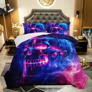 Imagem de QOOMO Conjunto de edredom Queen de caveira gótica, 3 peças, para adolescentes, meninos e meninas, estampa de galáxia roxa com 2 fronhas, alternativa, macio e leve