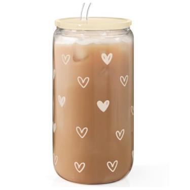Imagem de Copo de vidro de lata de coração de 473 ml com tampa acrílica e canudo, xícara de café gelado para mulheres, copos estéticos presentes para aniversário, Natal, dia dos namorados
