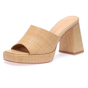 Imagem de Monrovia Sandálias femininas de salto ráfia, plataforma, plataforma, salto bloco, bico aberto de verão, salto alto grosso, sandálias deslizantes de praia para férias, nº 29, damasco, 40