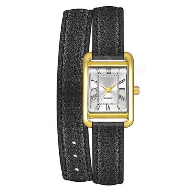Imagem de ADSBIAOYE Relógio feminino pequeno, caixa dourada, numerais romanos, relógio de pulso de luxo, retangular, pulseira de couro marrom preto, Dourado, preto, Tendência
