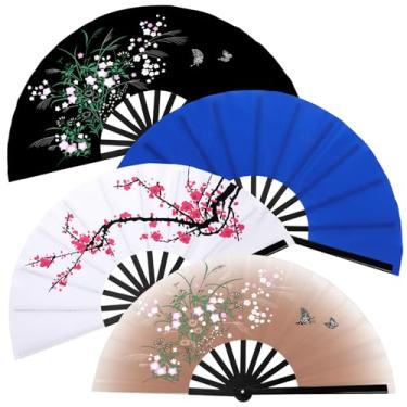 Imagem de BBTO 4 peças de leques de palmas para dança em linha, brilho UV, grande, dobrável, leque de rave de mão, masculino, feminino, chinês, japonês, bambu, clack, leque de mão para EDM Music Festival Club