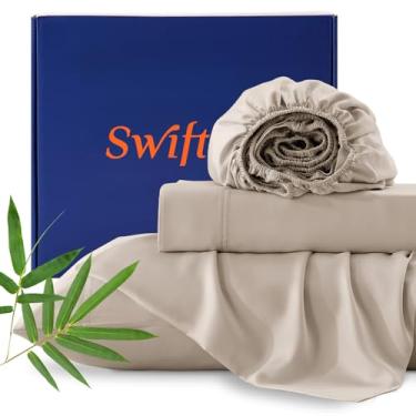 Imagem de Swiftify 100% viscose orgânica derivada de bambu, jogo de cama queen de 4 peças, lençóis ultramacios e luxuosamente refrescantes, bolso profundo para colchões de 40,6 cm, perfeito para quem dorme
