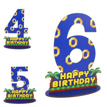 Imagem de Centro de Mesa para 6º Aniversário, Azul com Estampado Anel Dourado Suporte Madeira 6º Número com Base Decoração Festa Aniversário Infantil Peça Central de Mesa para Fotos