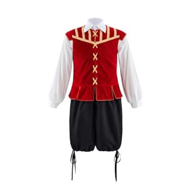 Imagem de CosplayDiy Conjunto de fantasia masculina Tudor adulto masculino Elizabetano Jerkin Double Breeches Suit Deluxe Todor Costume, Vermelho, XXG